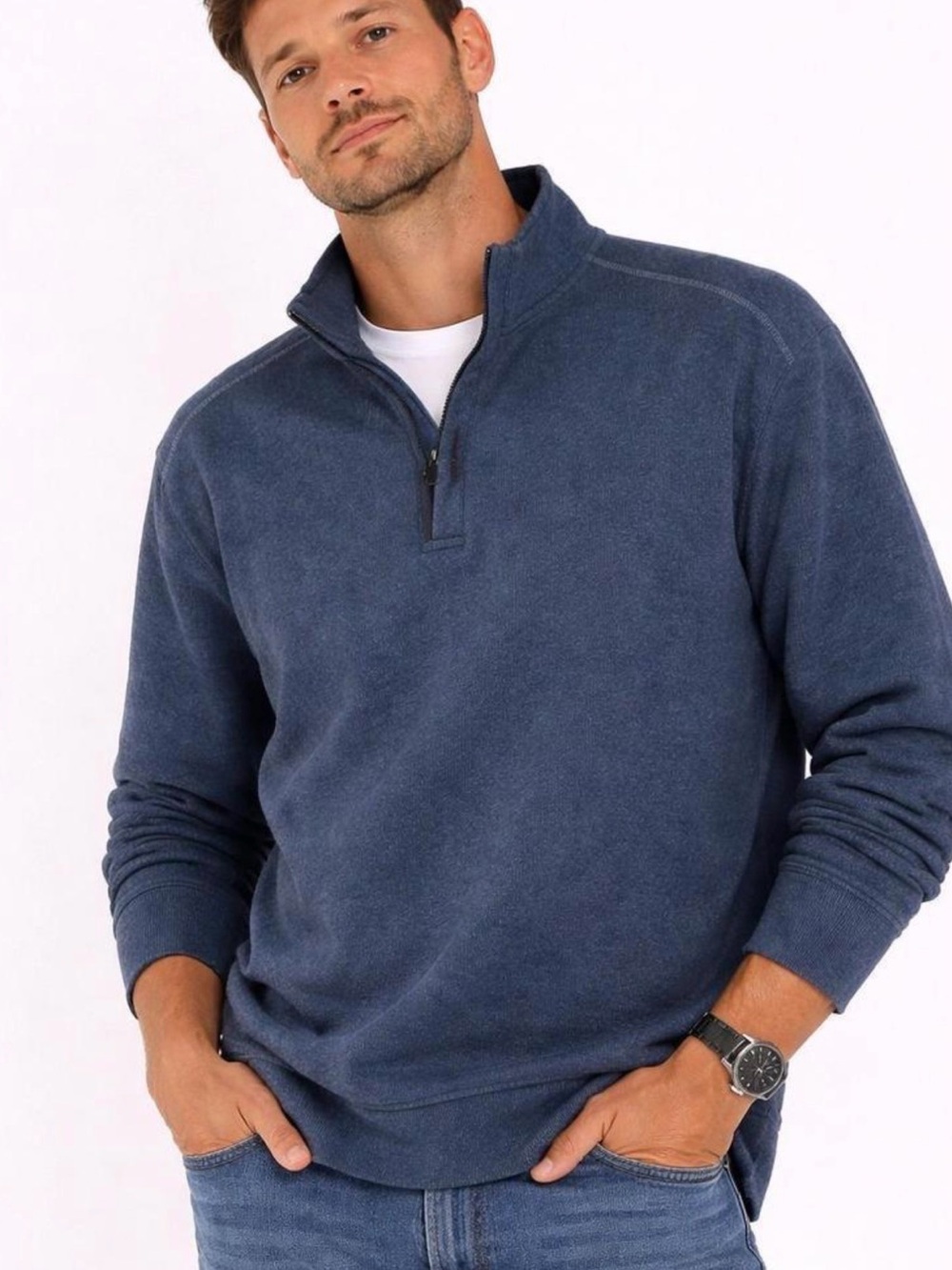Tommy Bahama Men's Navy Zip-Neck Pullover Sweater reversible. Large